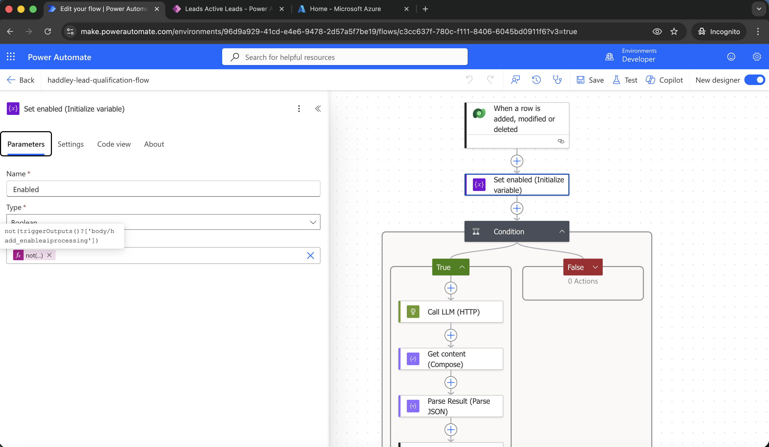 I used an Enabled variable to know if AI Enable AI processing was True (notice that Dataverse maps Yes to 0 and No to 1)